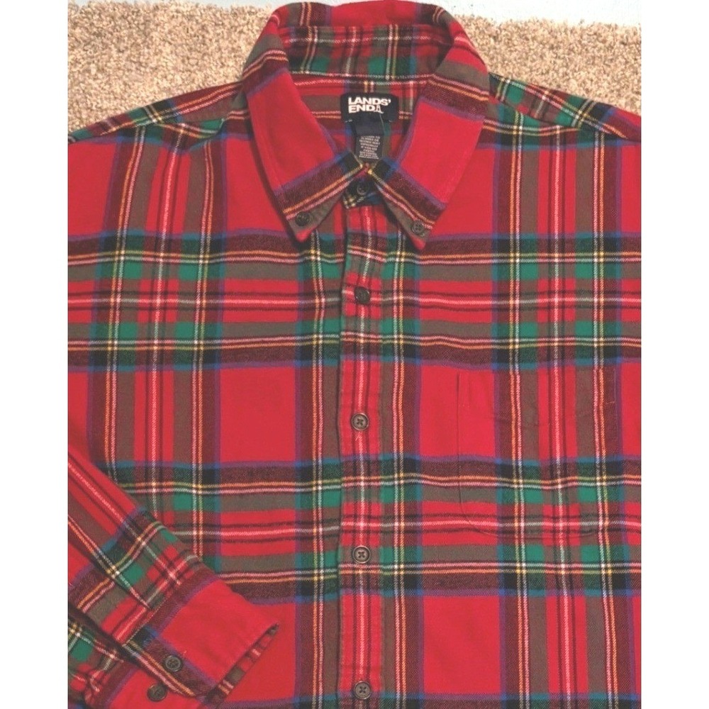 Lands'‎ End Flannel Shirt Mens XL Red Tartan Plaid Traditional Fit Cotton L/S